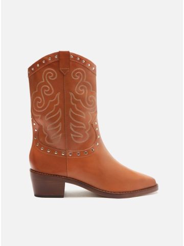Bota Arezzo Couro Western Bordada Caramelo